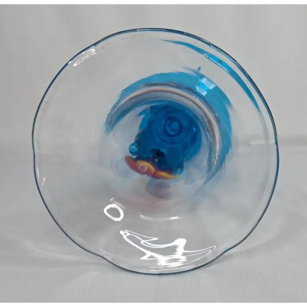 Vintage Murano Style Art Glass Vase | Blue Waves w/ Orange Flower | Hand Blown
